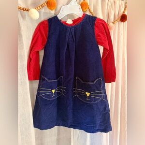 Mini Boden Navy Cat Pocket Corduroy Pinafore Dress + Zara Top Girls Size 4-5